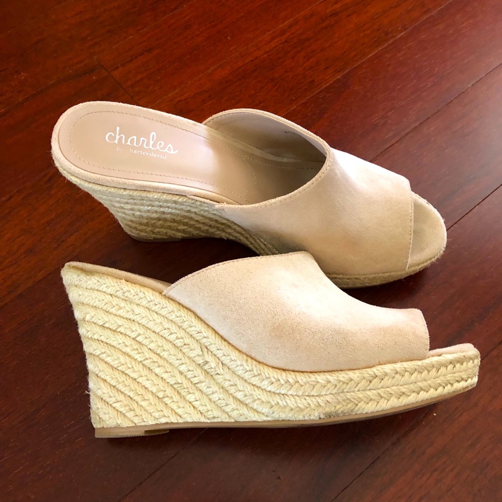 Beige Microsuede Espadrille Wedge Sandals - only lightly worn